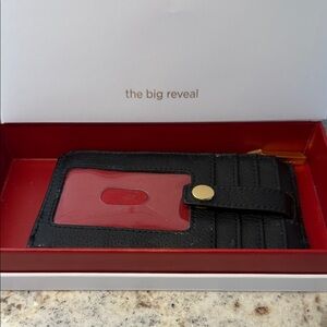Hammitt Black Leather Card Holder with Red ID Window and Gold Snap